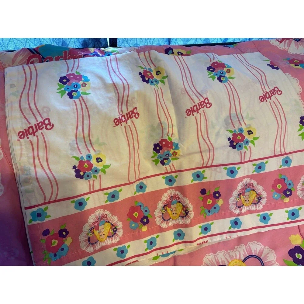 1996 Vtg Barbie Twin Comforter dust Ruffle Trim Pink Dreamhouse set bundle sheet
